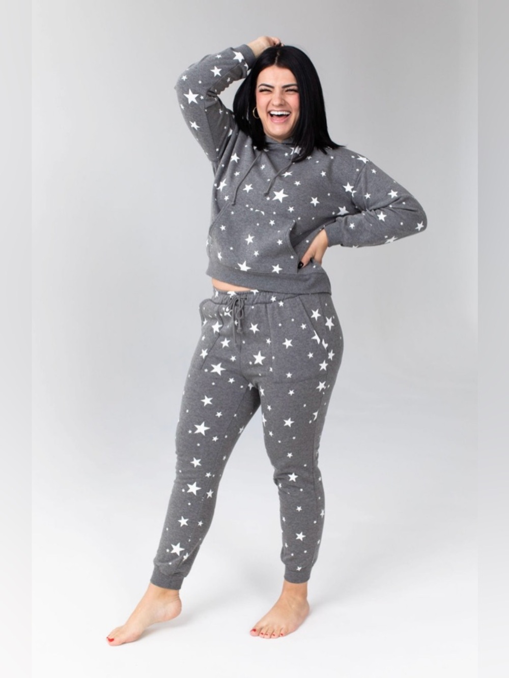 Savvi Shine Hoodie Star Print Gray Pullover | Plush Lined | Size L | EUC - Picture 9 of 13